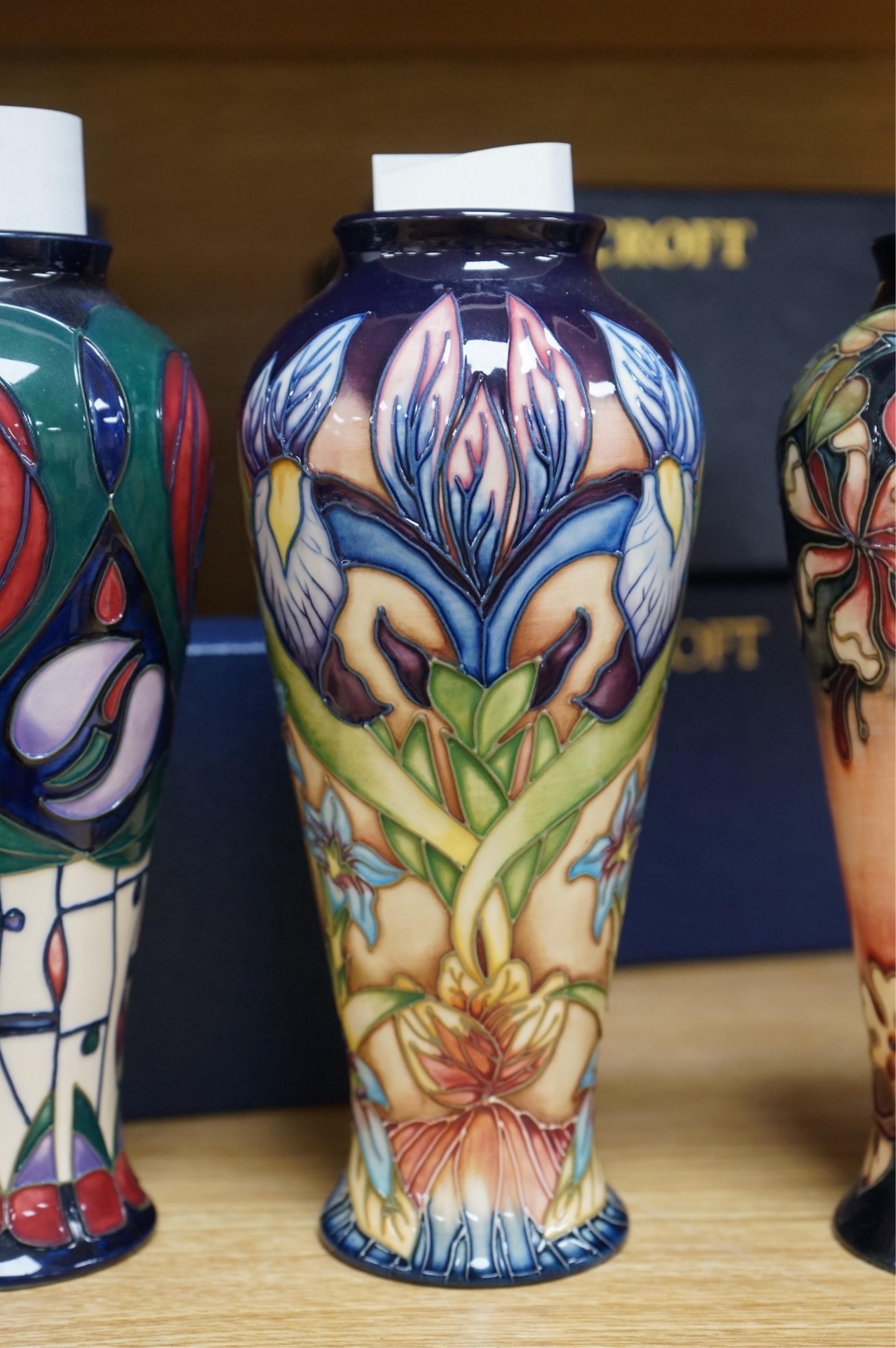 Five boxed Moorcroft vases - Geneva, Meadow Cranesbill, Cosmos, Oberon and Charles Rennie Macintosh patterns, 20.5cm